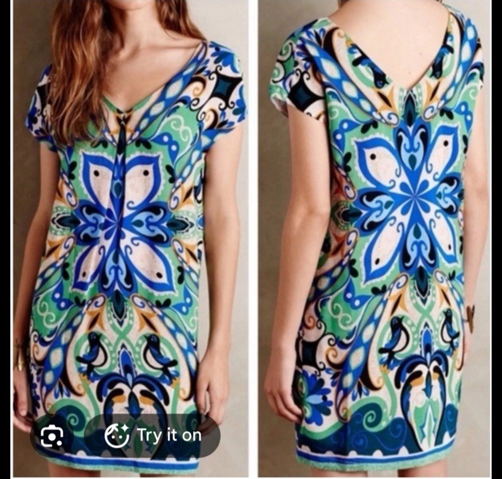 Maeve Anthropology Dress Large Aline Knee Boho Floral Folksong Bird Shift